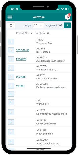 Auftragsliste auf dem Smartphone.