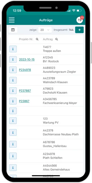 Auftragsliste auf dem Smartphone.