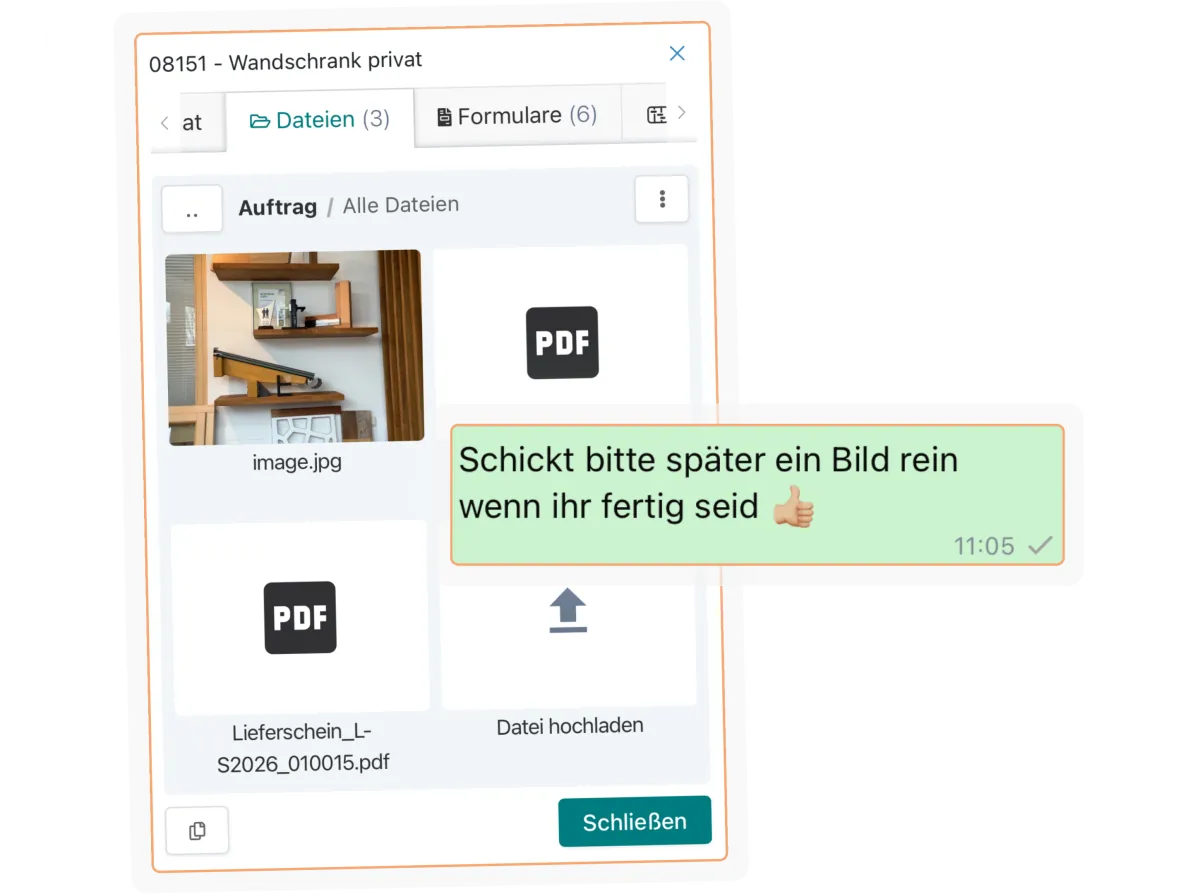 Alle Infos landen direkt im Auftrag – Fotos, Dateien, Notizen und Änderungen.