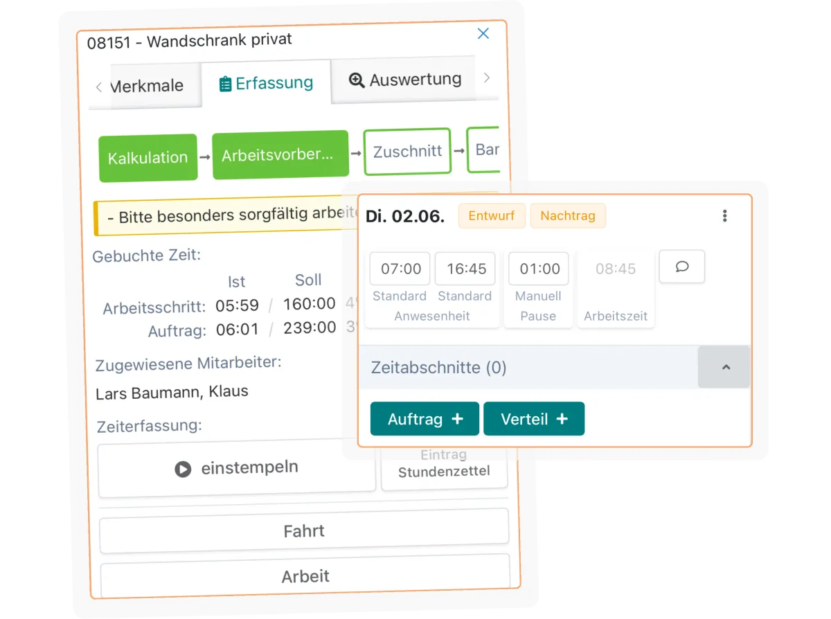 In der digitalen Auftragsakte siehst du alle gebuchten Arbeitszeiten.