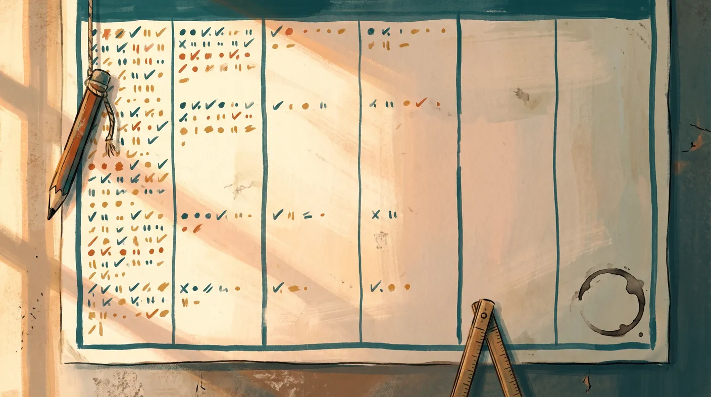 Gemalte Illustration einer Wandplantafel: die ersten Spalten dicht mit Häkchen und Punkten gefüllt, die hinteren noch leer