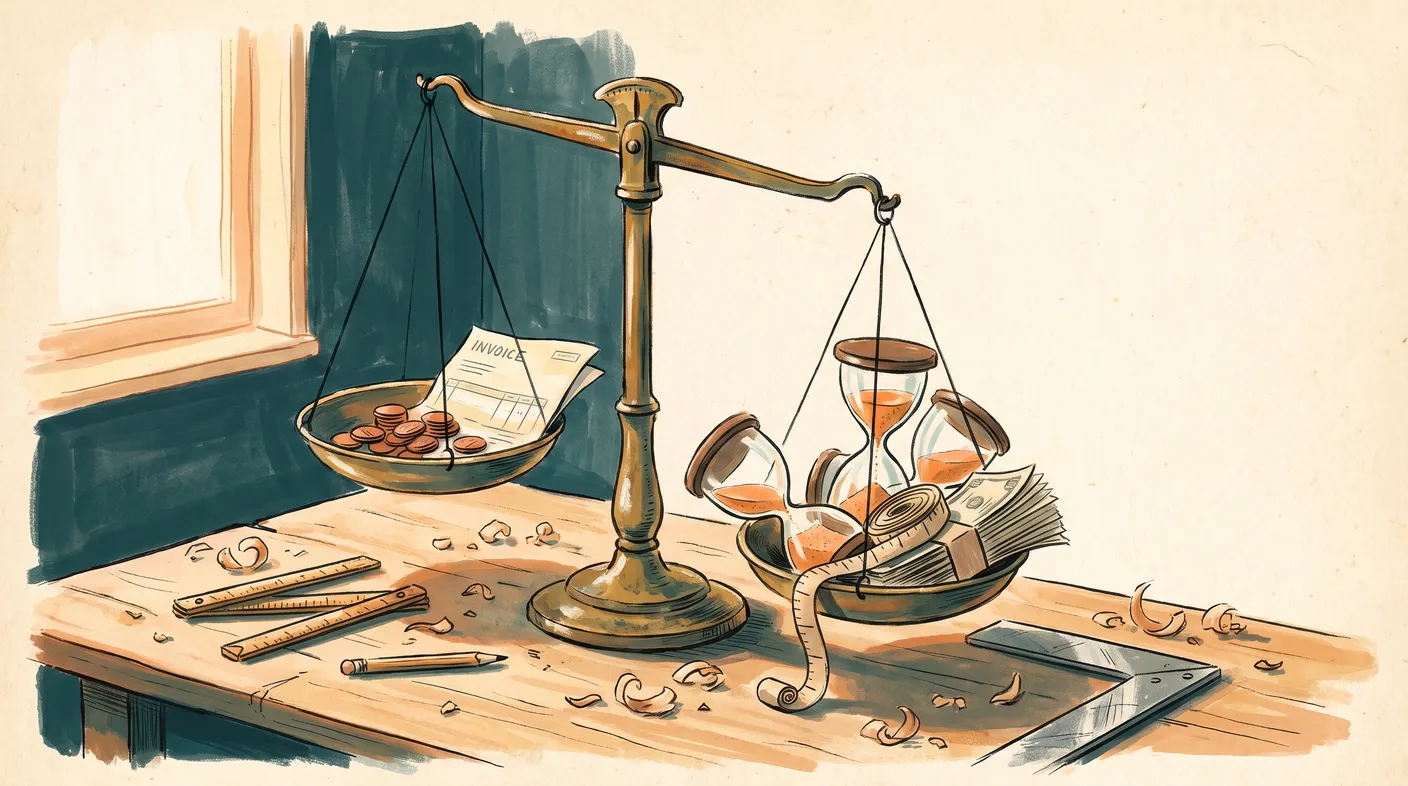 Gemalte Illustration einer Balkenwaage auf einer Werkbank: in der einen Schale ein paar Münzen und ein Beleg für die Kosten einer Handwerkersoftware, in der anderen Sanduhren, Maßband und ein Stapel Stundenzettel für die eingesparte Zeit