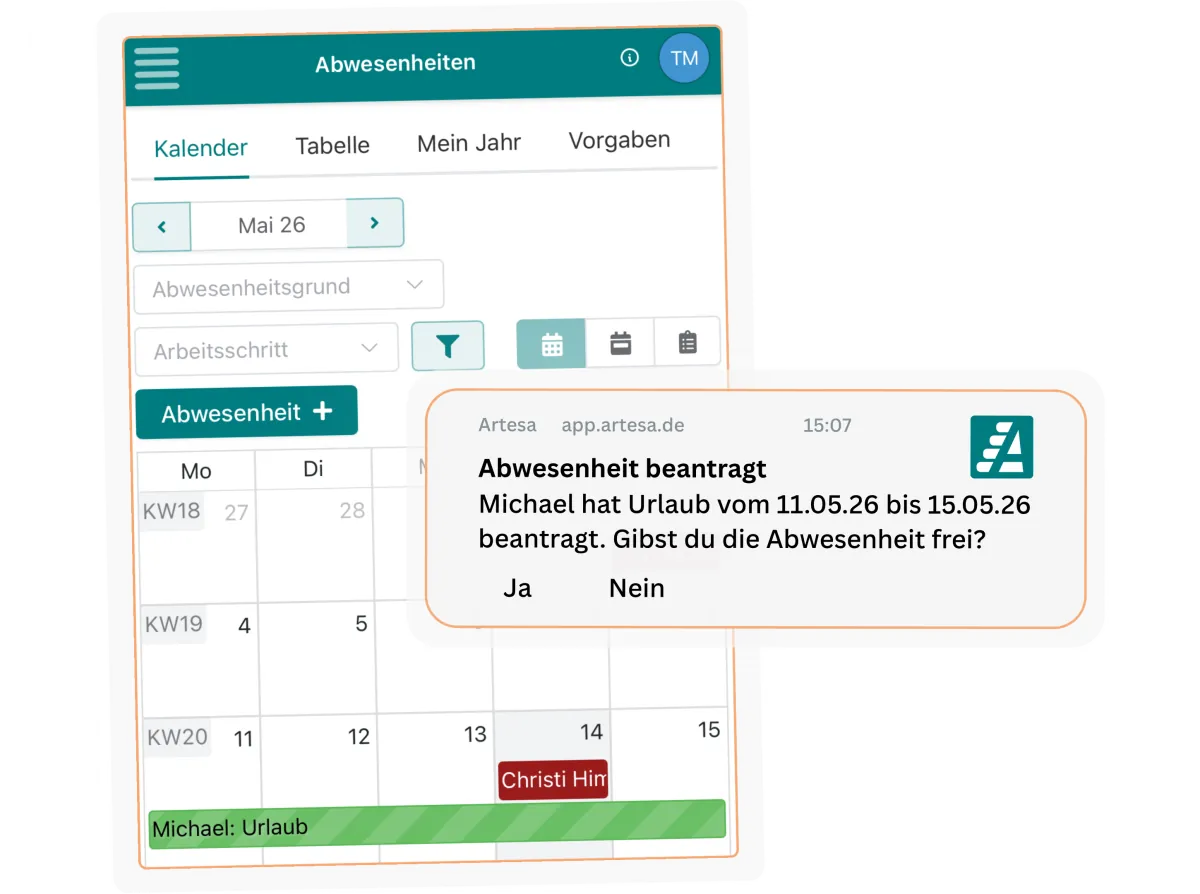 Deine Mitarbeiter reichen Urlaubsanträge und Stundenzettel direkt über Artesa ein.