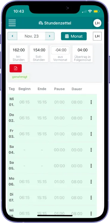 Stundenzettel für die Zeiterfassung