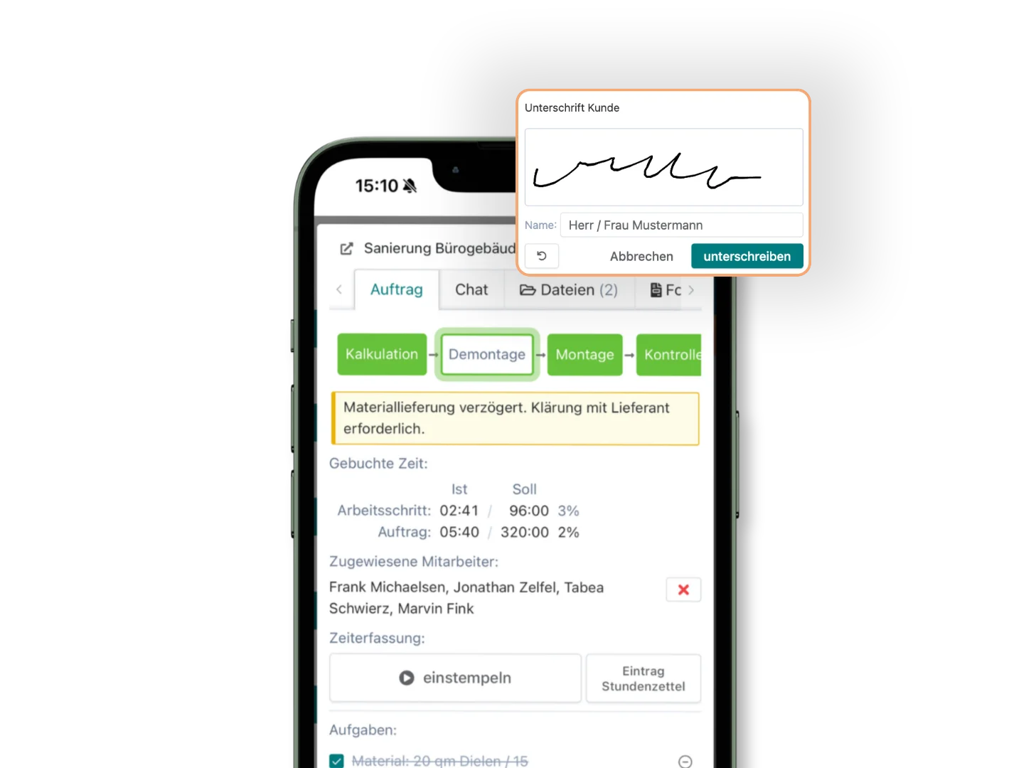 Smartphone-Ansicht eines Auftrags in Artesa mit Arbeitsschritten, Zeitbuchung und Aufgaben