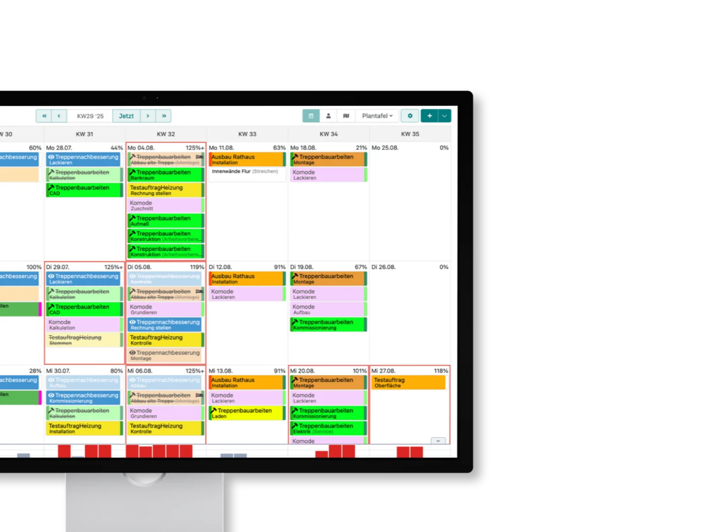 Digitale Plantafel mit Wochenansicht und farbigen Auftragsblöcken in Artesa