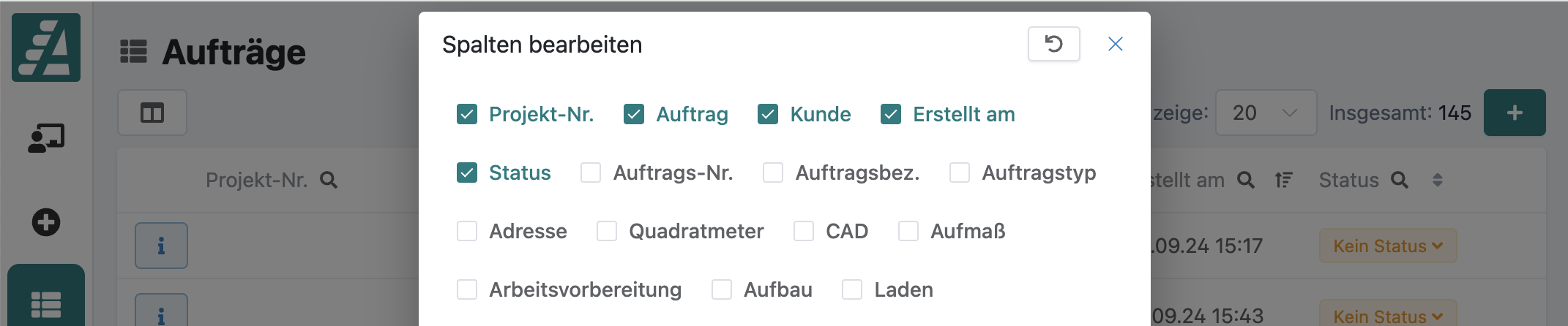 Merkmale für Aufträge in der Auftragsliste