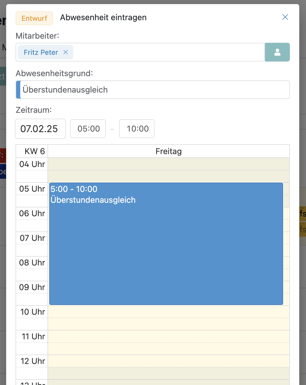 Stündliche Abwesenheiten eintragen