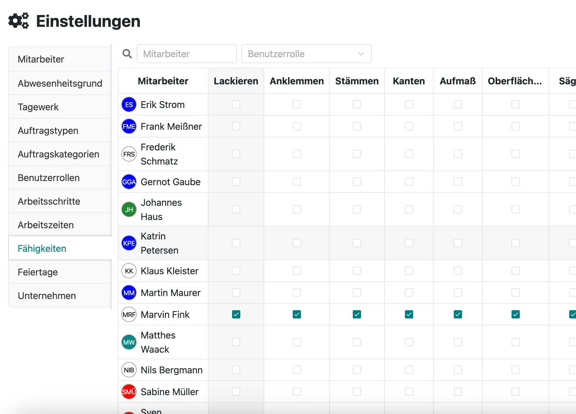 Fähigkeiten in den Einstellungen
